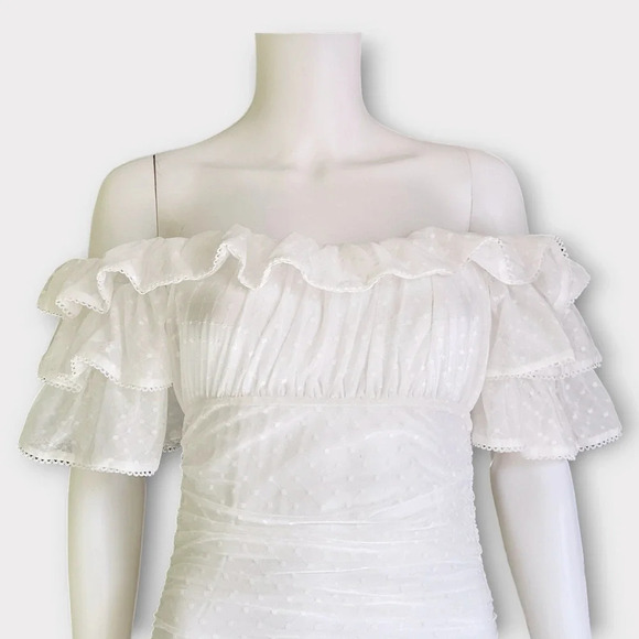 Camila Coelho Eva Mini Dress Size M Ruched Off Shoulder Bachelorette - Picture 5 of 8